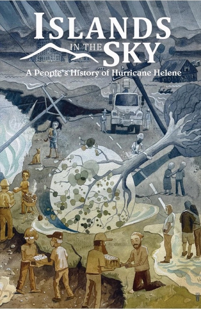 Islands in the Sky Extended National Edition cover by Jarrett Rutland: neighbors hand out supplies beside a fallen tree, a washed-out road and a utility truck.