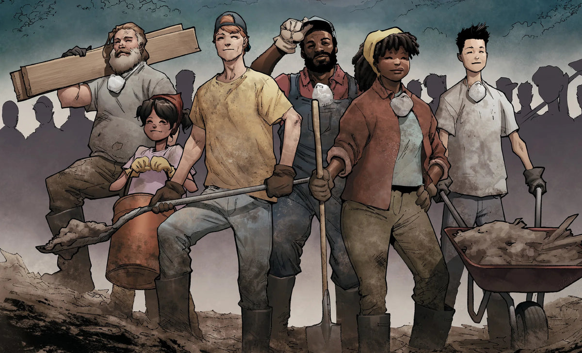 Islands in the Sky cover art by David Marquez and Laura Martin: neighbors with shovels, boards and a wheelbarrow stand together in the mud after Hurricane Helene